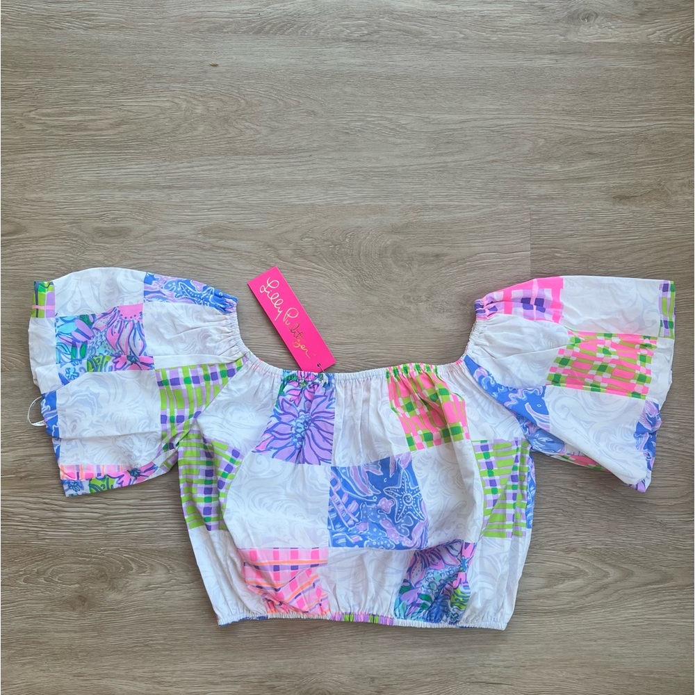 Lilly Pulitzer Esmeray Off Shoulder Crop Top XS Patchwork Print Cotton